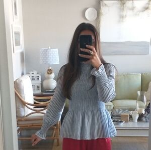 Light Weight Blue and White Striped Long Sleeve Peplum Blouse Mock Neck